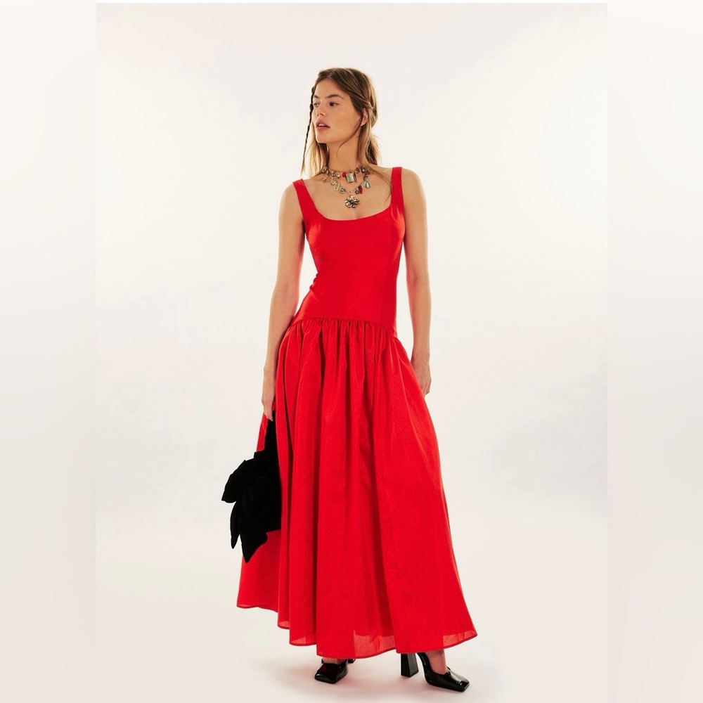 Free People Vibrant Red Sleeveless Maxi with Gathered Skirt